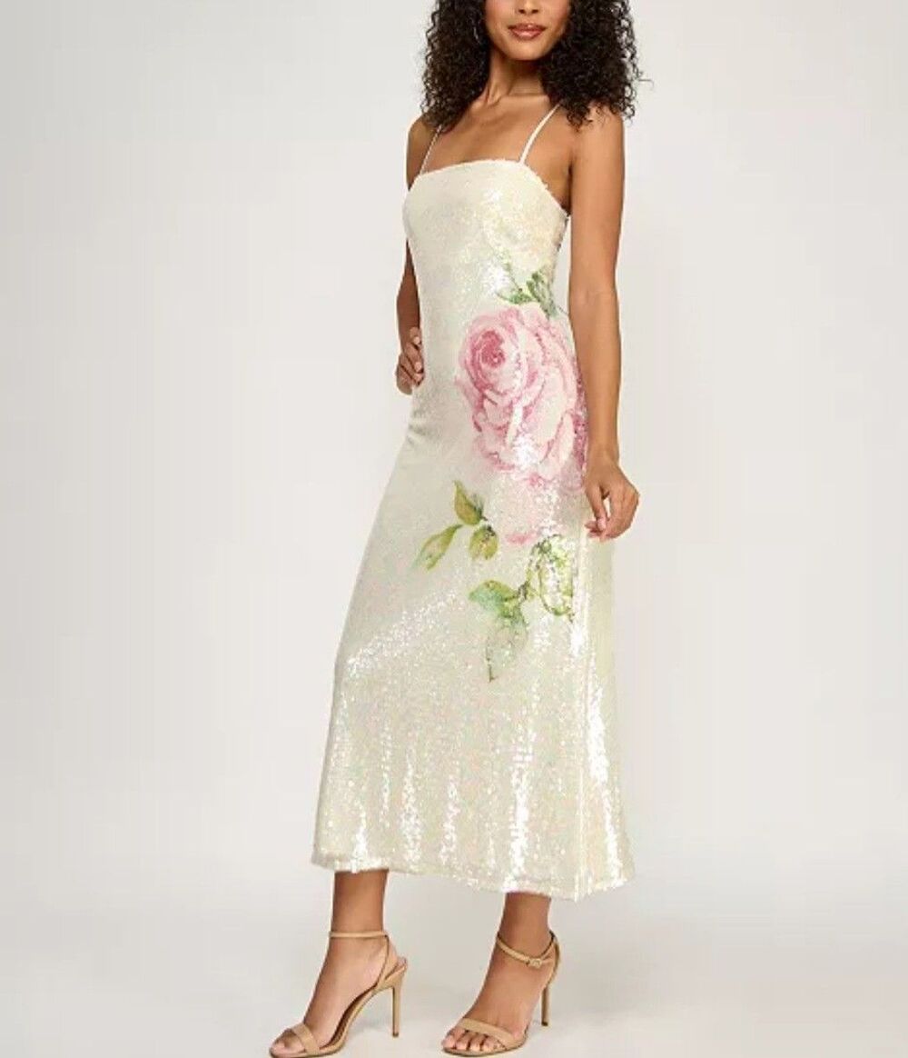 NWT Seni Cade Rose Printed Sequin Midi Dress Lg Cream Pink Prom Hoco Homecoming